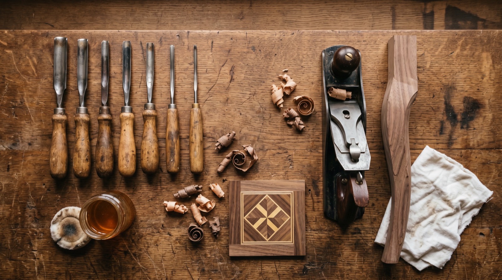 Atelier d'ébénisterie : outils, copeaux et marqueterie en cours de restauration