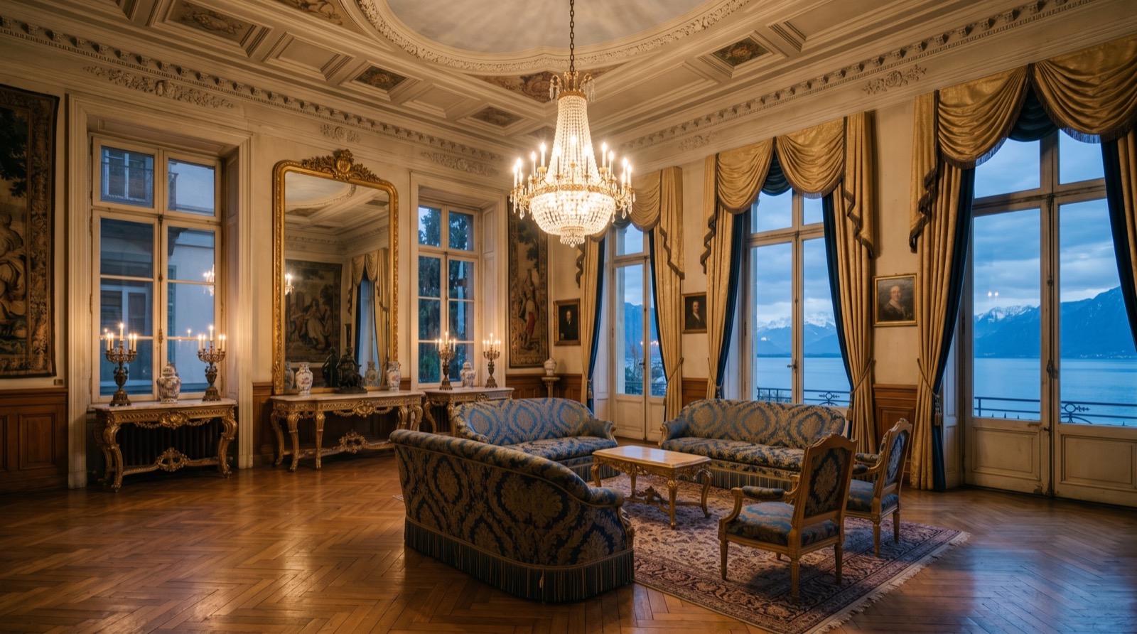 Grand salon d'un palace centenaire au bord d'un lac alpin, dont le mobilier a été restauré dans nos ateliers