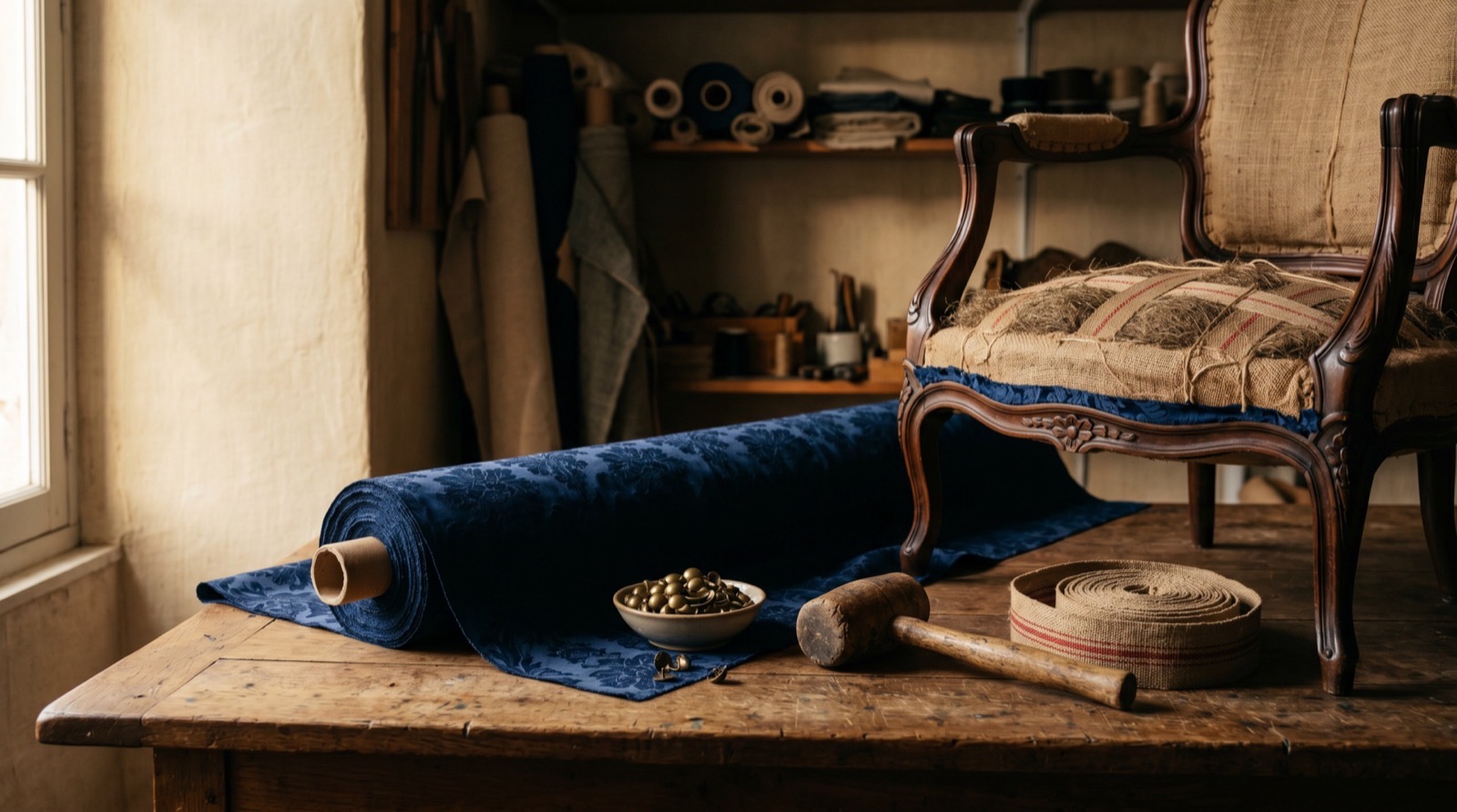 Atelier de tapisserie : tissu velours bleu marine, clous en laiton, fauteuil Louis XV en cours de restauration